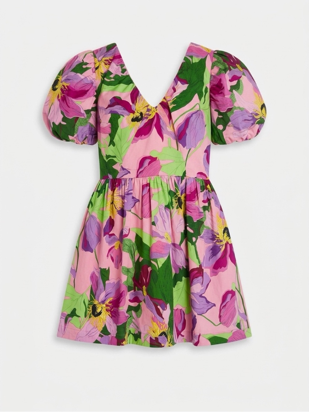 Express Pink Floral Puff-Sleeve Mini Dress with Green Accents